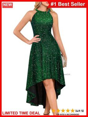 Sequin Halter High Low A-Line Prom Cocktail Formal Dress Sleeveless